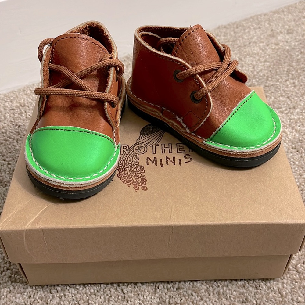 Brother Vellies Minis leather chukkas with neon green toe.